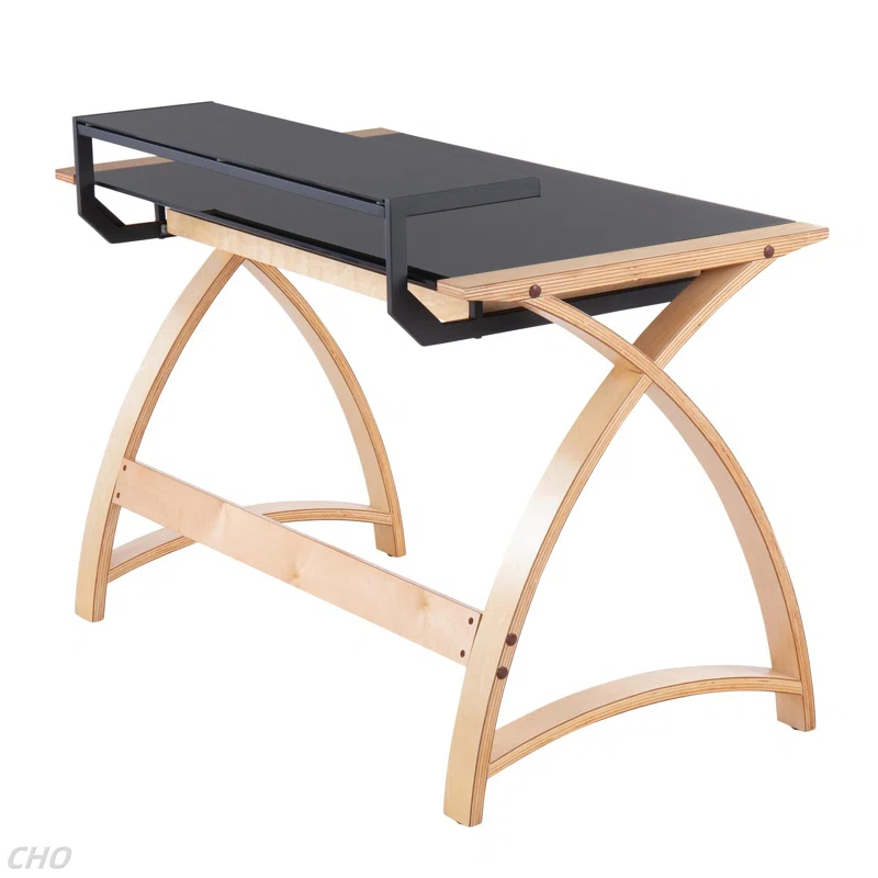 Brayden Studio® Bentley Mid-Century Modern Office Desk In Natural Wood And Black Glass By Lumisource