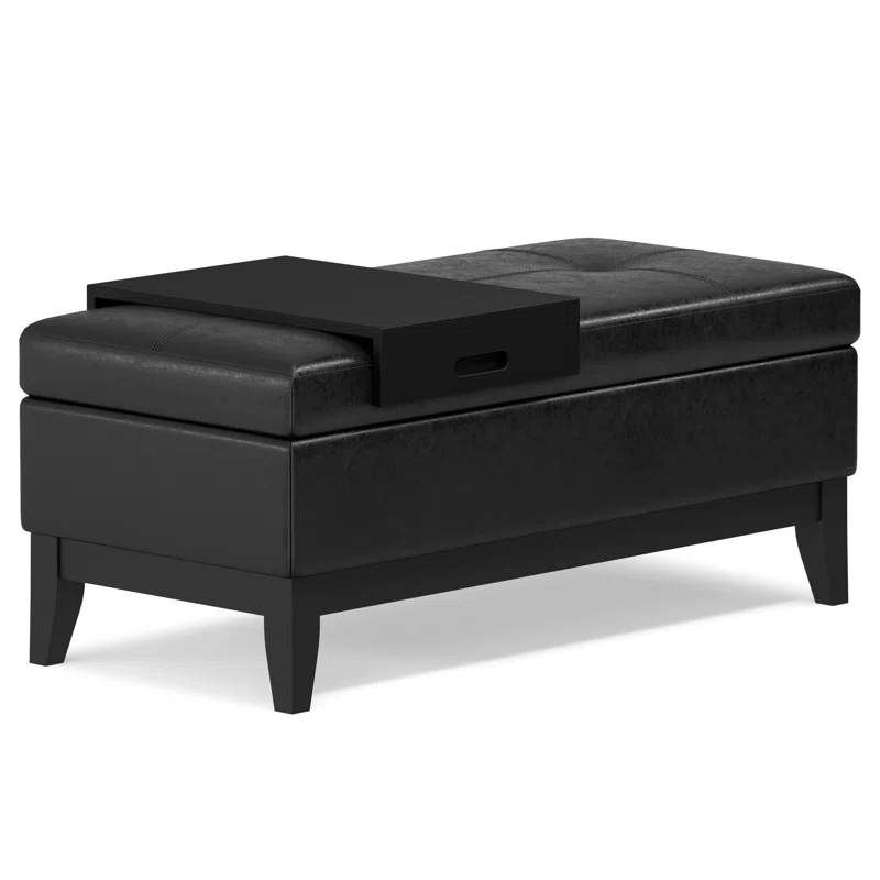 Simpli Home Oregon 42"W Upholstered Storage Ottoman Bench with Lift-Top Lid and Tray