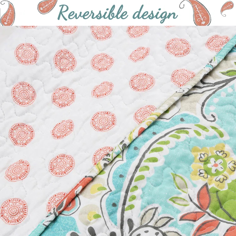 Cozy Line Home Fashion Mirage Teal/Coral/Green Microfiber Reversible 3 Piece Quilt Set & Reviews | Wayfair