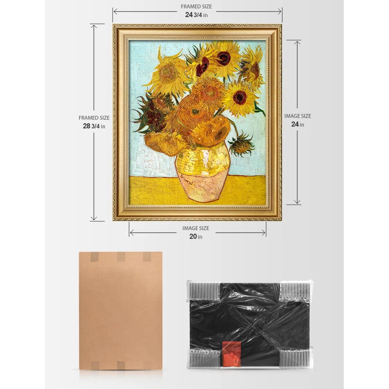 Vault W Artwork Sunflowers by Vincent Van Gogh, Classic Art Giclee Canvas Print, Framed Wall Art for Living Rooms, Bedrooms, and Offices