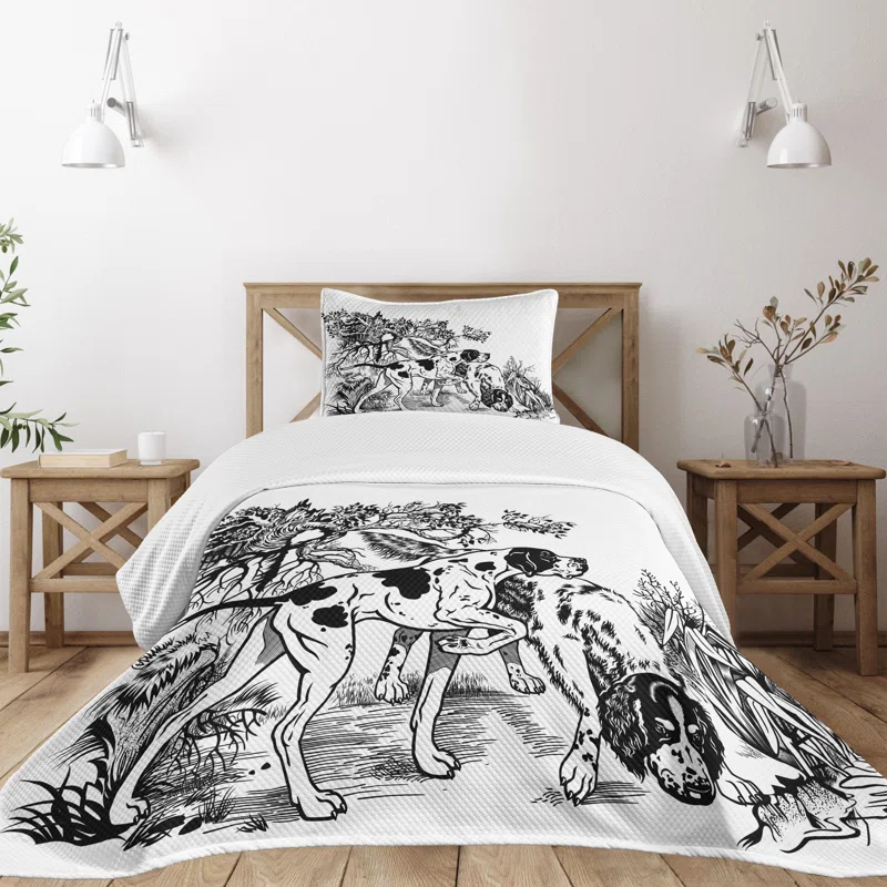 Ambesonne Ambesonne Hunting Bedspread Dogs in Forest Black White