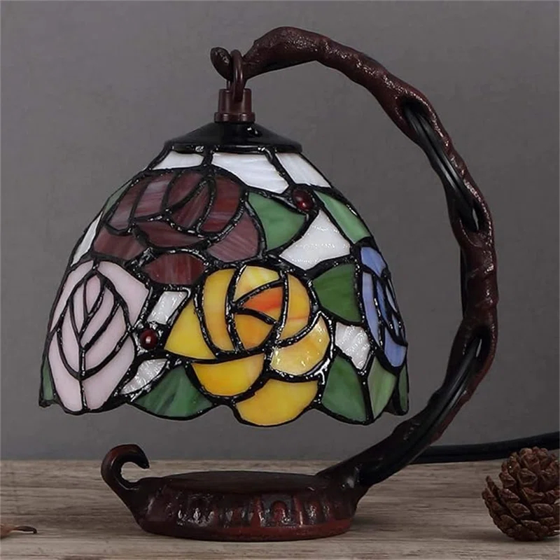 World Menagerie Rose Tiffany Style Stained Glass Table Lamp With 6-Inch Wide Lampshade Hanging On The Cast Iron Base (Pink)