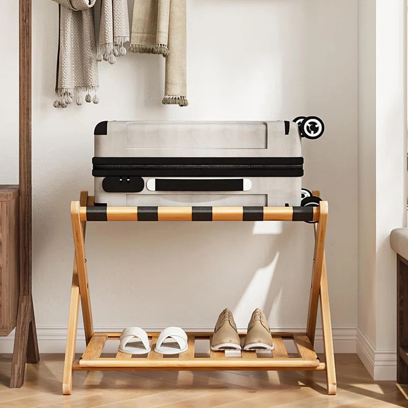 Kiflic Fully Assembled Bamboo Luggage Rack, 5 Folding Suitcase Stand with Shoe Shelf, Large Luggage Holders for Guest Room, Bedroom, Hotel