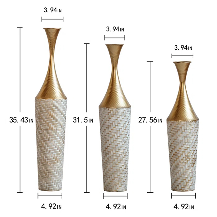 Everly Quinn Medhansh Metal Floor Vase (Set Of 3), Tall Large Flower Vase With Tapered Opening & Lattice Weave Texture, Antique Gold Finish