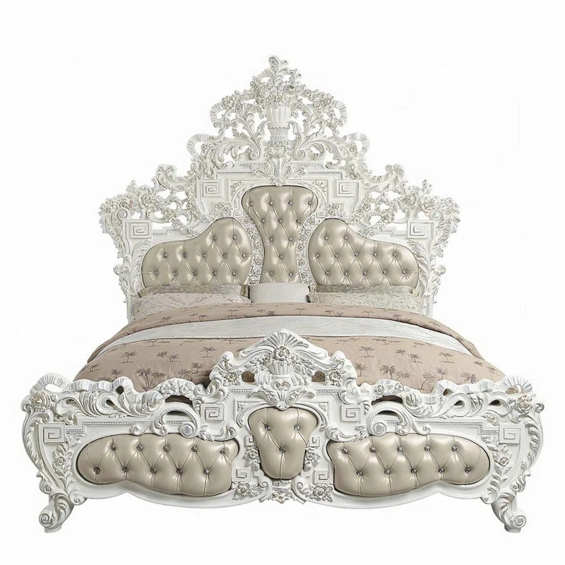 Benjara Kin King Size Bed, Ornate Vintage White, Tufted Beige Faux Leather