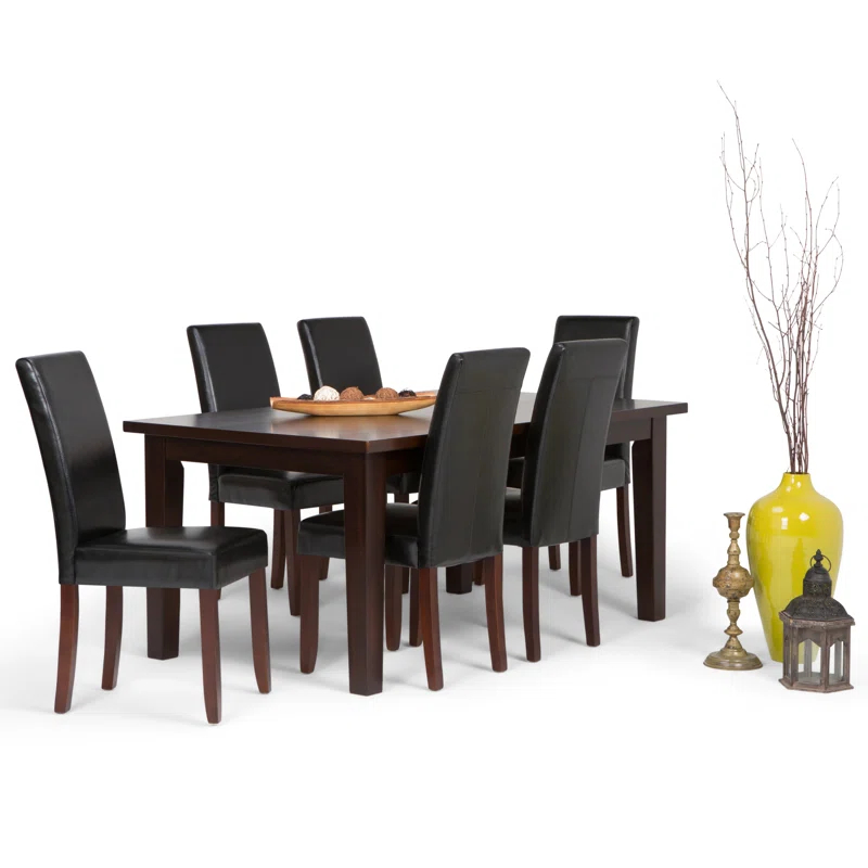 Simpli Home Acadian 7-Piece Dining Set with Solid Hardwood Table and 6 High-Back Upholstered Chairs