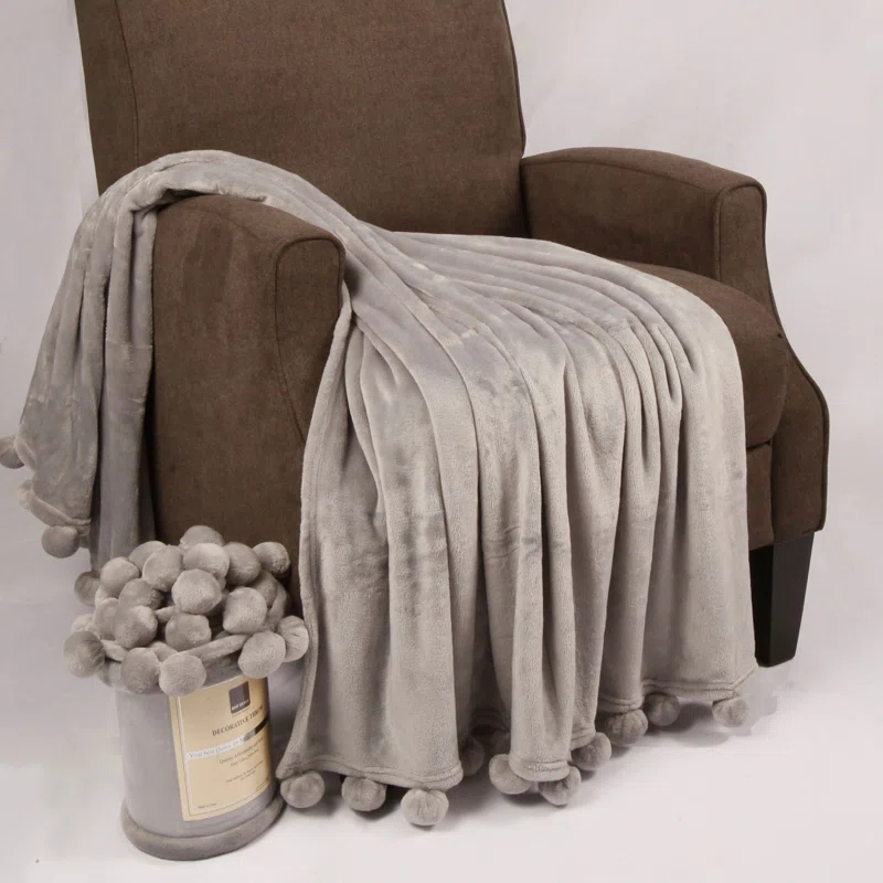 Home Soft Things Flannel Fleece Pom Pom Blanket
