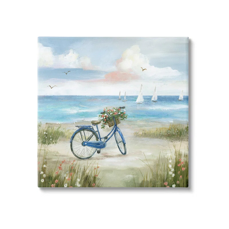 Stupell Industries " Peaceful Bicycle Flower Basket Scenic Ocean Sailboats " by Nan Painting Print