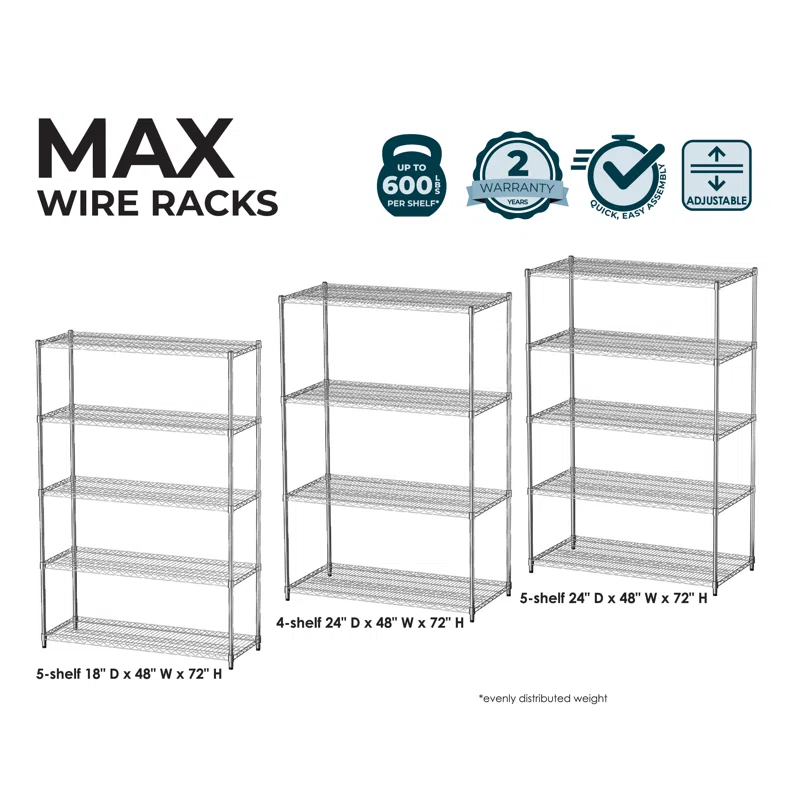 Everest Home Everest Wire Rack Heavy-Duty 5-Tier Utility Shelving Unit, 48 W x 24 D x 72 H, Chrome