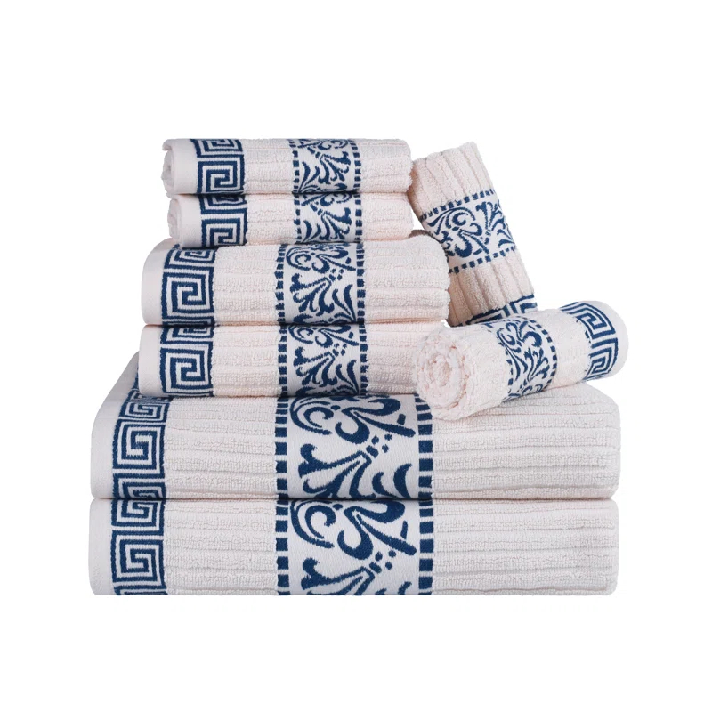 Superior Athens Cotton Medium Weight Floral Border Greek Key Trim 8 Piece Assorted Towel Set by Superior
