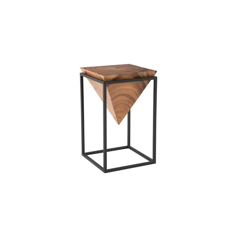 Natural Wood and Black Metal Inverted Pyramid Side Table