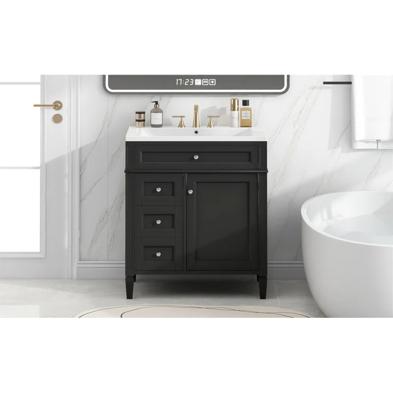 HLILish 30'' Bathroom Vanity With Top Sink, Modern Bathroom Storage Cabinet With 2 Drawers And A Tip-Out Drawer, Single Sink Bathroom Vanity
