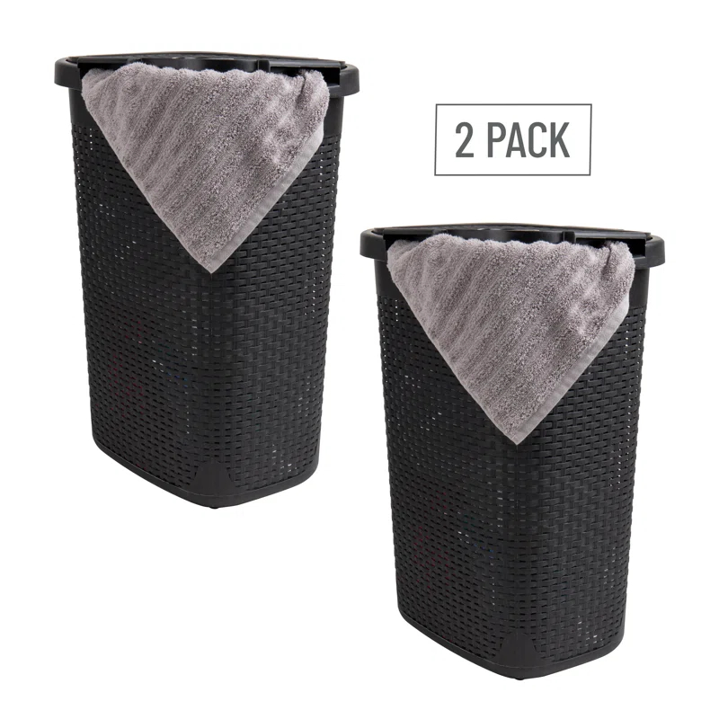 Mind Reader 60L Slim Laundry Hamper, Clothes Basket, Lid, Wicker Style, Plastic, 17.65"L x 13.75"W x 24.15"H, 2-Pack