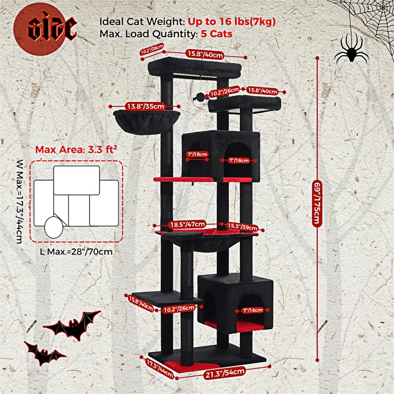 69" Tall Cat Tree For Indoor Large Cats, Large Cat Tower For Adult Cats With Super Large Hammock, Cat Climbing Tree Tower With Scratching Posts, Condo House And Large Top Perch