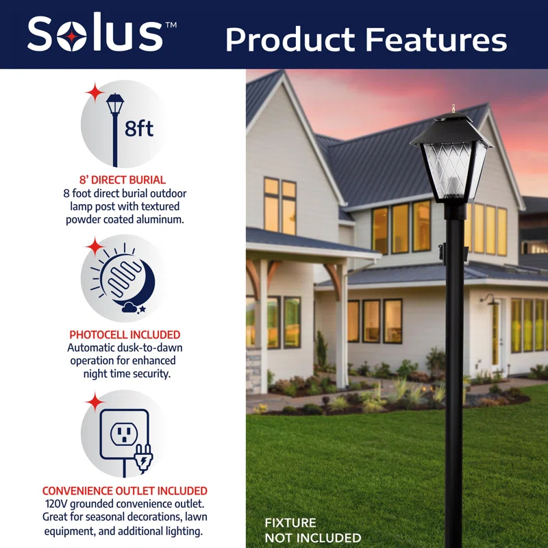 Solus Solus 7, 8, or 10 ft. Outdoor Hardwired Direct Burial Lamp Post with Convenience Outlet and Dusk-to-Dawn Photocell Sensor