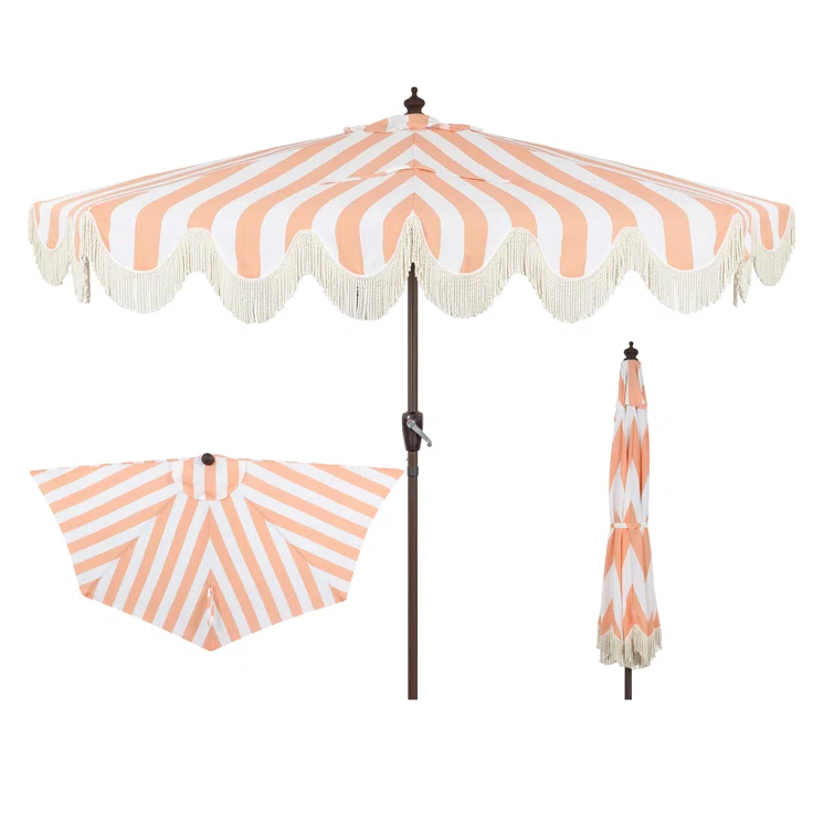 Arlmont & Co. Tasheba 9 ft. Classic Scalloped Fringe Half Market Patio Umbrella with Crank, and UV Protection
