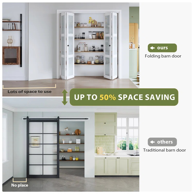 Frosted Glass And Solid Manufactured Wood Bi-Fold Door With Installation Hardware Kit