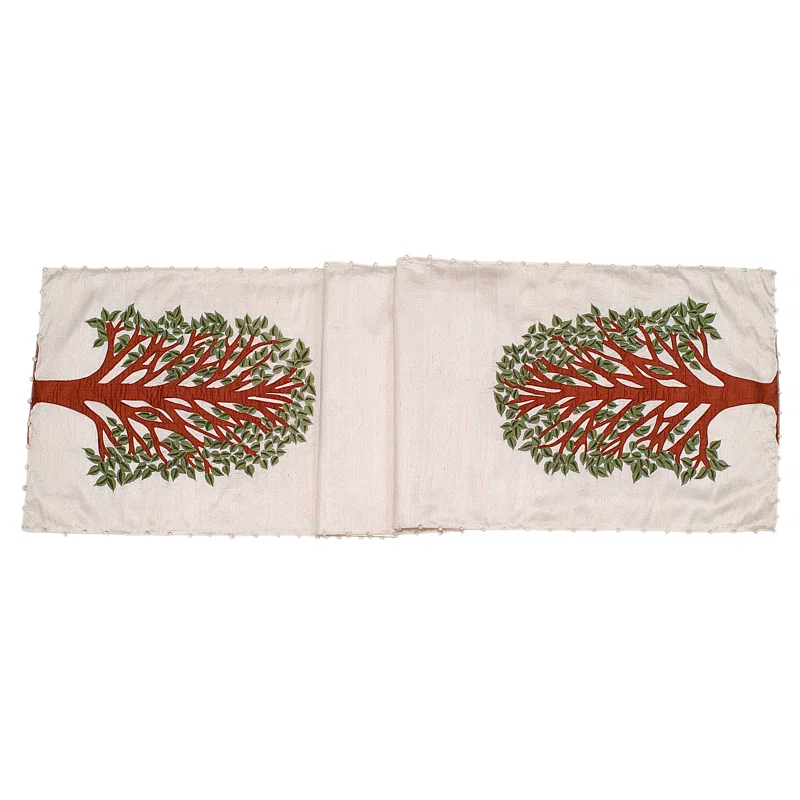 Arcadia Home Silk Table Runner with Tree of Life Embroidery and Hand Beading - 18x72"