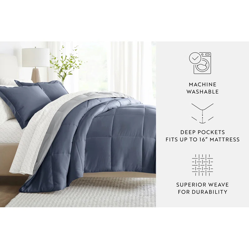 IEnjoy Home 7-Piece Reversible Bedding Bundle - Solid Comforter and Patterned Sheet Set