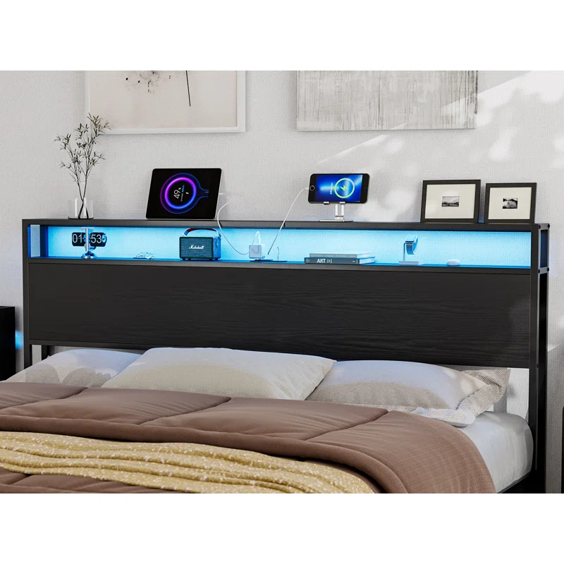 Kaiwei Storage Headboard With Led Lights & Charging Station - Industrial Metal And Wood
