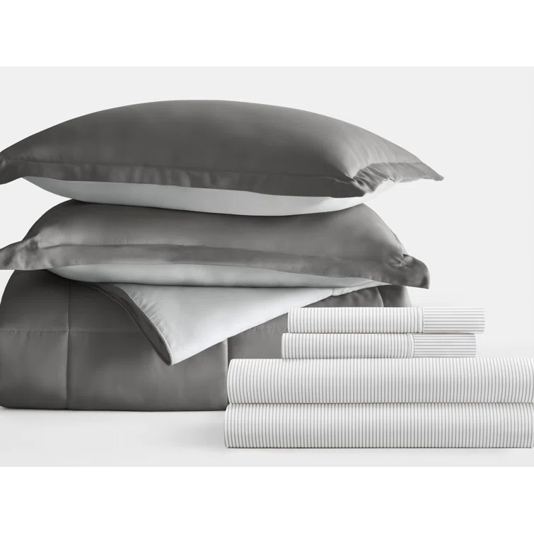 IEnjoy Home 7-Piece Reversible Bedding Bundle - Solid Comforter and Patterned Sheet Set