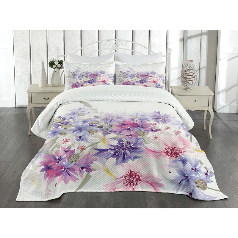 Ambesonne Ambesonne Lavender Bedspread Set Pink Purple Flowers Violet White Pink