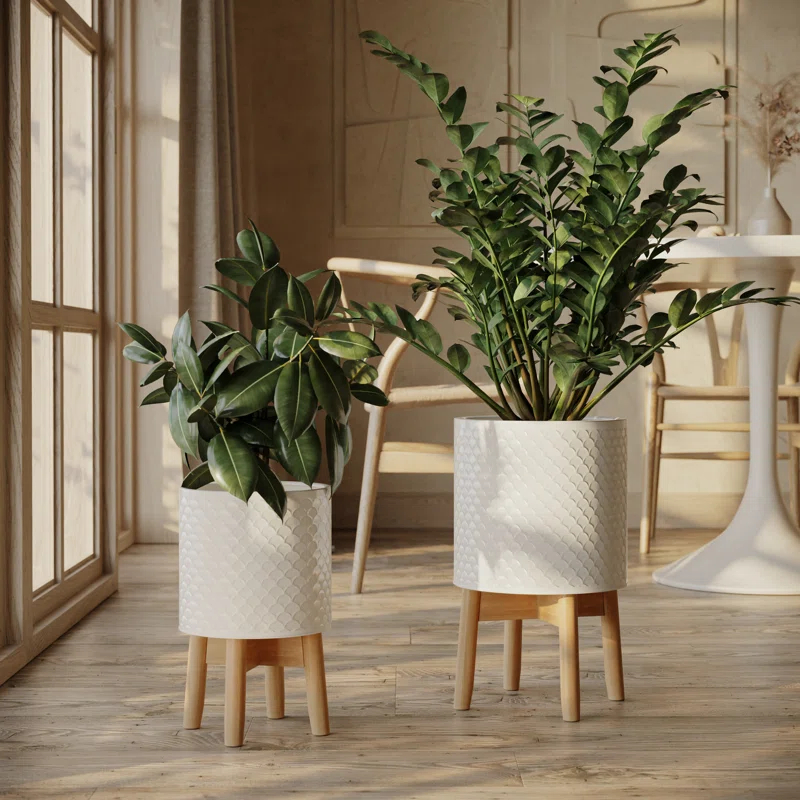 Aspire Asbella Mid Century Modern Indoor Metal Pot Planter 4-Leg Wood Base - Set