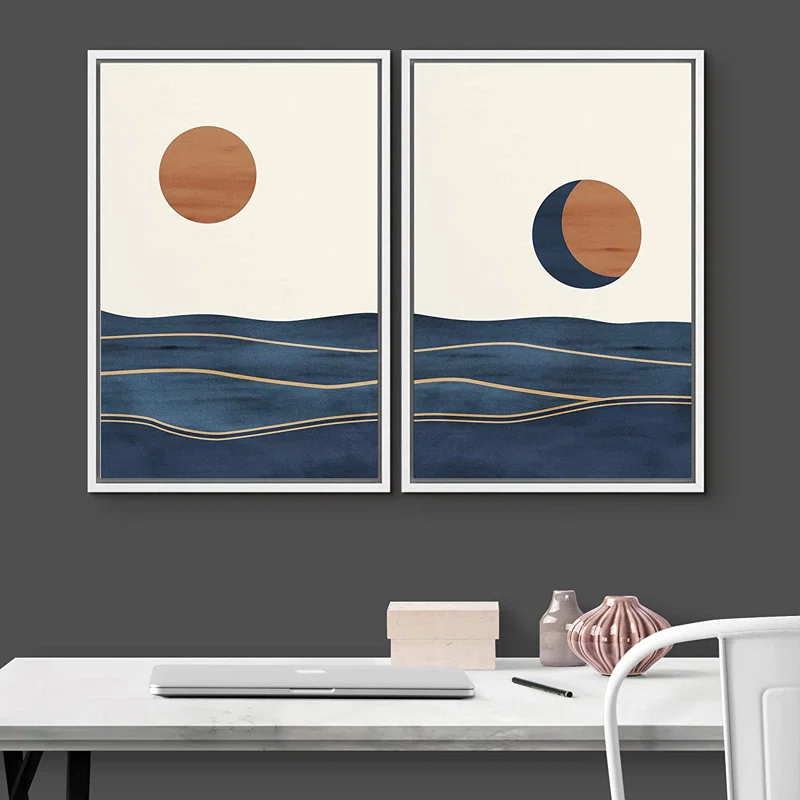 Sun And Moon " Abstract Sun Over Blue Watercolor Ocean Waves Modern Minimalist Landscape " 2 - Pieces