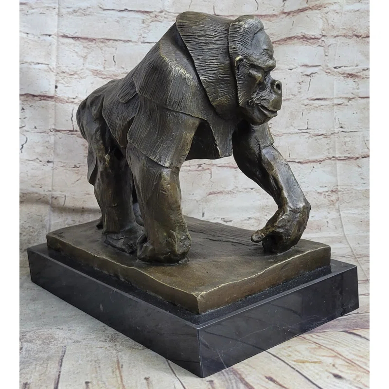 Bungalow Rose Xaila Gorilla Sculpture Statue Figure Bronze Metal Signed Art On Marble Base By Vobisova