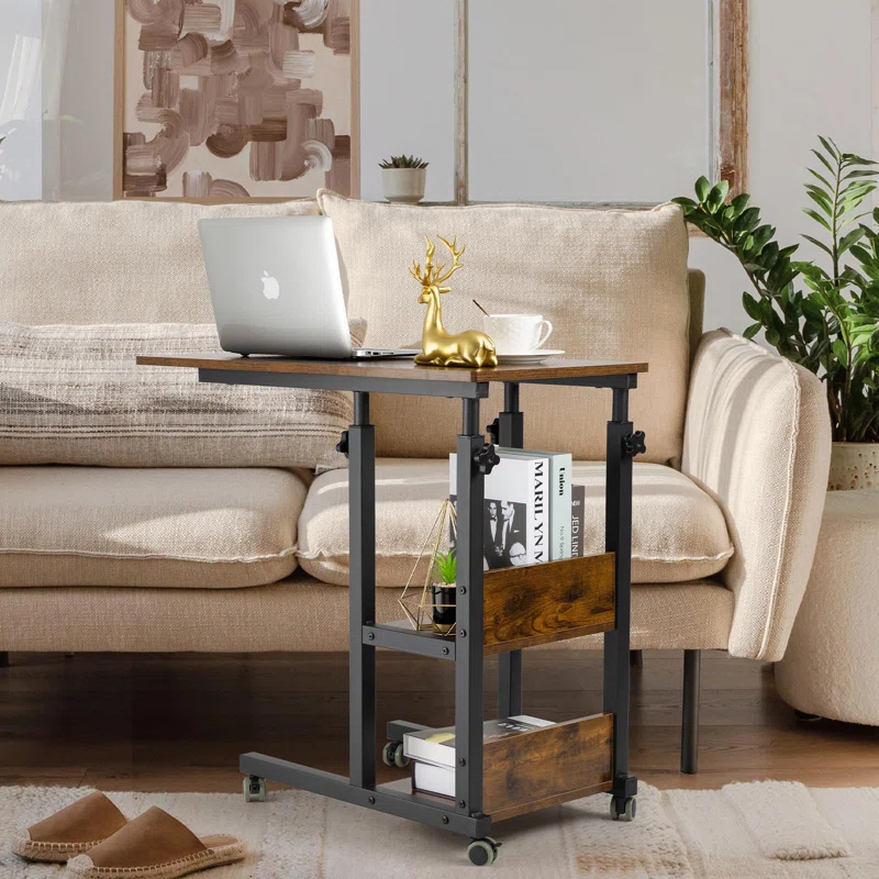 17 Stories Hadulcet C Shaped Side Table Adjustable, Height Adjustable C Table With Wheels And Storage Shelves For Couch Bed Recliner Rustic Brown