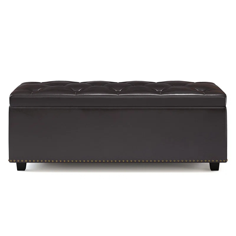 Simpli Home Hamilton 44"W Upholstered Lift-Top Storage Ottoman with Nailhead Trim and Tufted Detailing