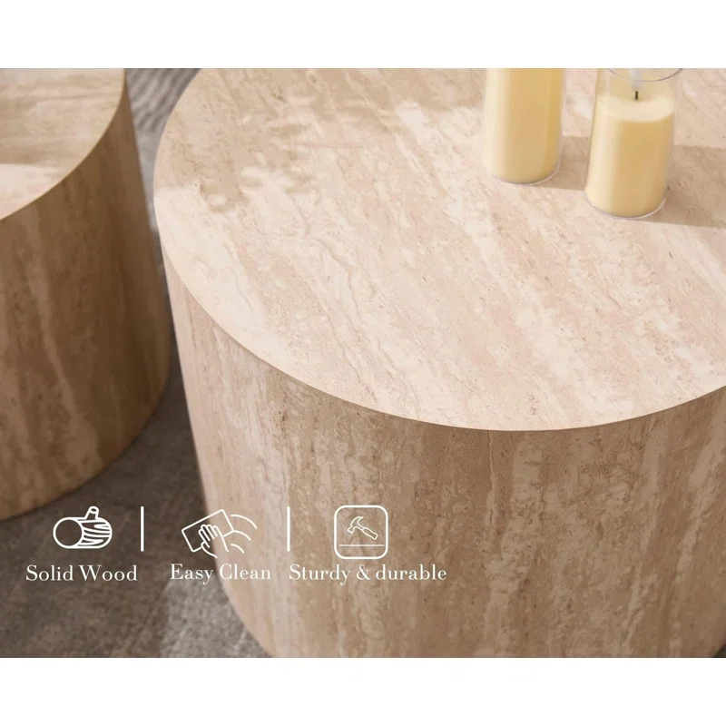 Latitude Run® Set of 2 Modern Round Wood Nesting Coffee Table Circle Travertine End Side Table Sets