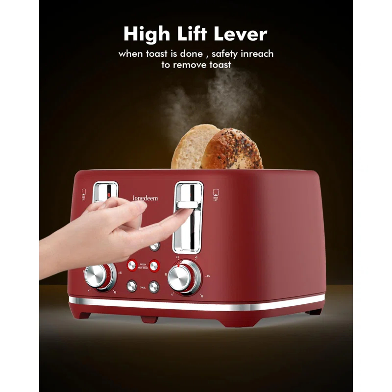 LONGDEEM 4 Slice Toaster, Extra Wide Slots, Longdeem Retro Stainless Steel Toasters, 6 Browning Options, Auto Shut Off & Frozen Function, Toast Fruit Bread, Bagel & Waffle