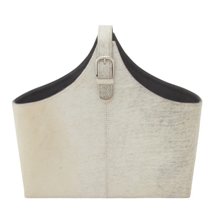 Millwood Pines Sandie Leather Handmade Wood Decorative Magazine Holder with Detail Stitching and Curved Buckle Handles