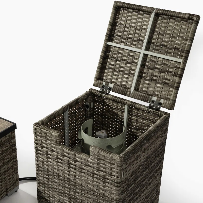 Beslend Rattan Fire Pit Table with Tank Holder and Ceramic Tile Tabletop