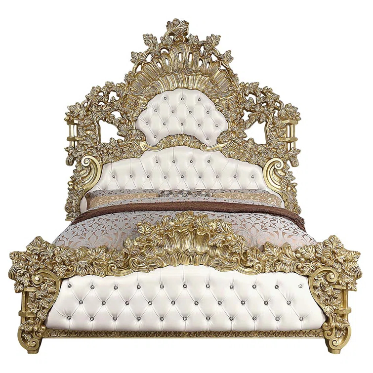 Benjara Rexx King Bed, White Faux Leather Victorian Carved, Classic Gold Wood