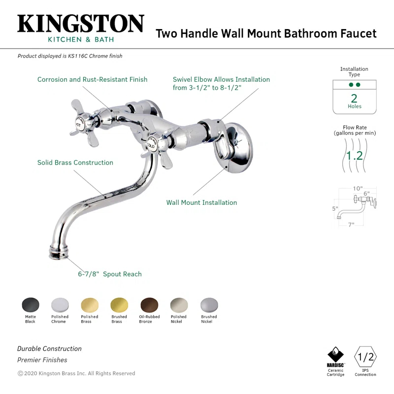 Kingston Brass KS116PN Kingston Brass Essex Two-Handle 2-Hole Wall Mount Bathroom Faucet