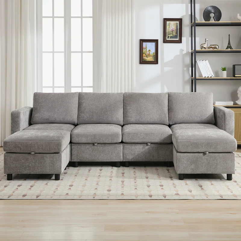 Ebern Designs 107”Modular Sectional Sofa Convertible U Shaped Sofa Couch Set With Storage For Living Room, Modern 6 Seater Modular Sectional Couch With Movable Ottoman, Chenille