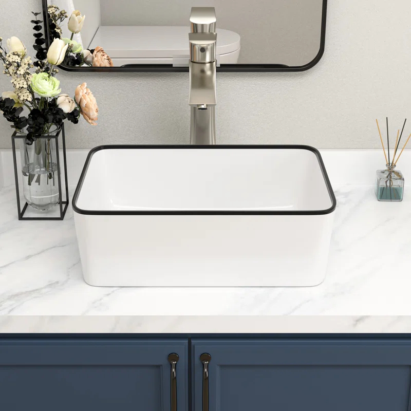 Logmey S0LM19MP15HB 19 x 15 Inch Ceramic Rectangular Vessel Bathroom Sink Above Counter White Sink Bathroom Vessel Sink