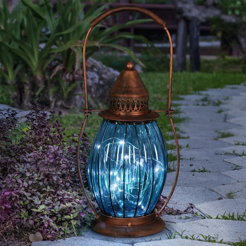Exhart Exhart Solar Antique Metal and Glass Accent Lantern with Fifteen LED Fairy Firefly String Lights, 7 by 14"