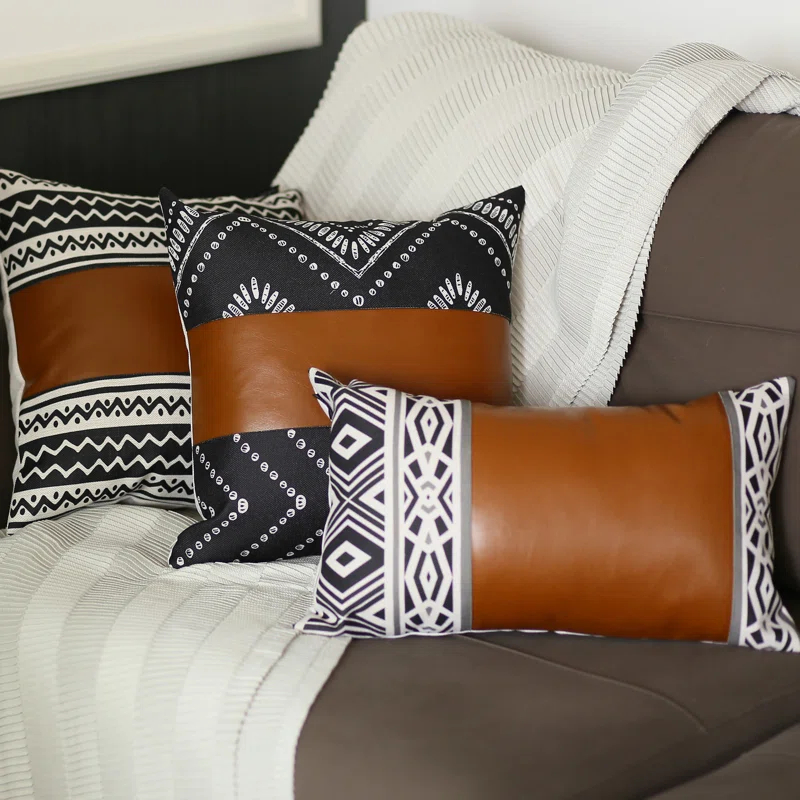HomeRoots Geometric Faux Leather Pillow Cover