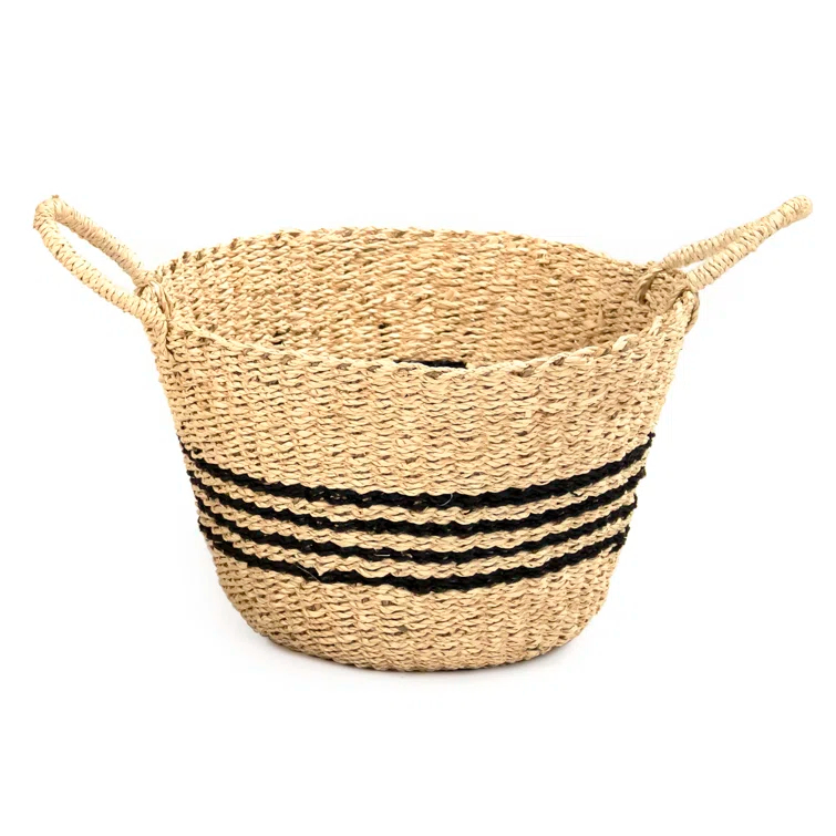 Zentique  Hand Woven Seagrass & Palm Leaf Basket with Dark Stripes & Handles - Large