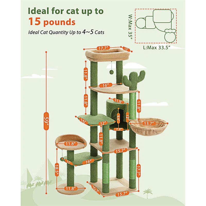 59" Cactus Cat Tree, Large Cat Tree For Indoor Cats, Cat Tower For Large Cats, Multi-Level Cat Tower, Cat Condo With Large Hammock, Scratching Post, And 2 Perches