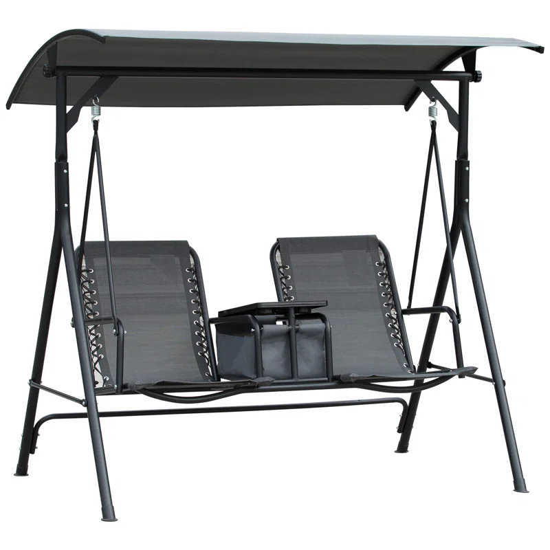 Arlmont & Co. Atay 2 Person Covered Porch Swing with Pivot Storage Table, Cup Holder, & Adjustable Overhead Canopy