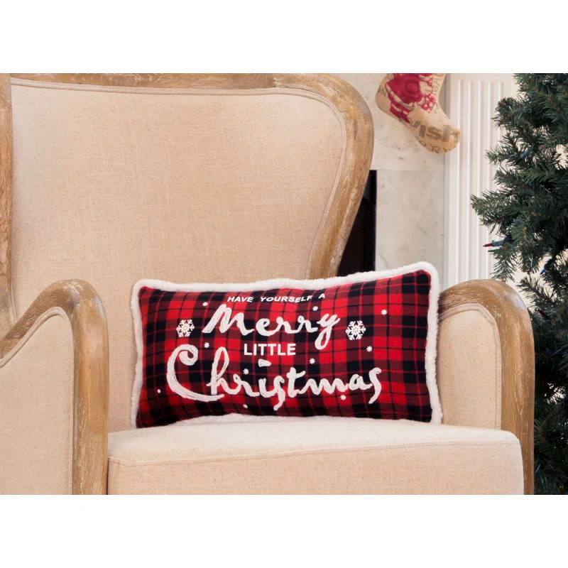 Manor Luxe Merry Christmas With Faux Fur Trim Christmas Buffalo Check Pillow, 10 By 20-Inch