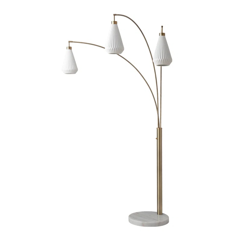 Nova of California Concord Bone Porcelain Shade 3 Light Arc Floor Lamp - 85", Weathered Brass & Walnut, Dimmer Switch