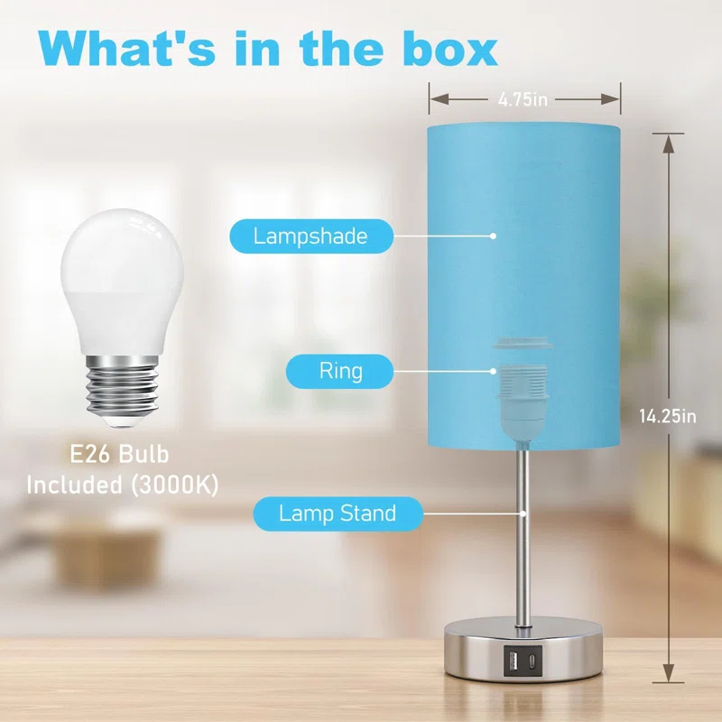 Ebern Designs Table Lamp For Bedroom, 3 Way Dimmable Touch Lamp With Dual Charging Station, Small Bedside Lamps For Night Stands, Living Room, Office(LED Bulb Included)