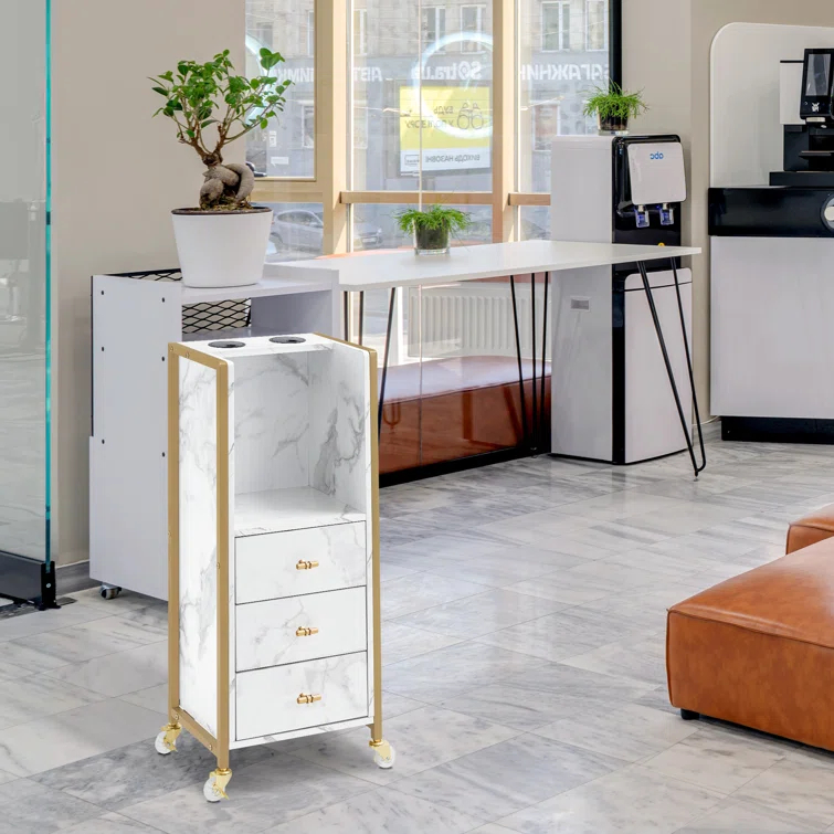 BarberPub Salon Utility Cart with Hair Dryer Holders and 3 Drawers, Lockable Wheels