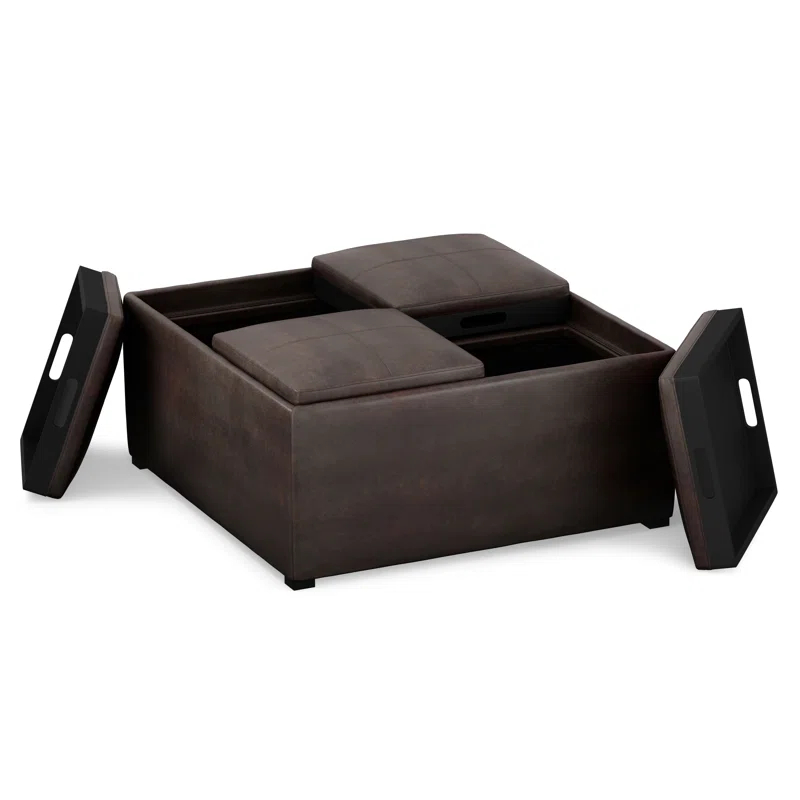 Simpli Home Avalon 35"W Upholstered Square Coffee Table Storage Ottoman with Flip-Over Trays