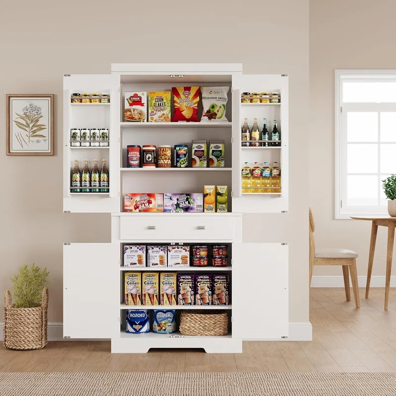 Lark Manor™ 72" Tall Kitchen Pantry Storage Cabinet, Freestanding High Wooden Cupboard With 4 Doors And 1 Drawer, 2 Adjustable Shelves And 6 Door Shelves